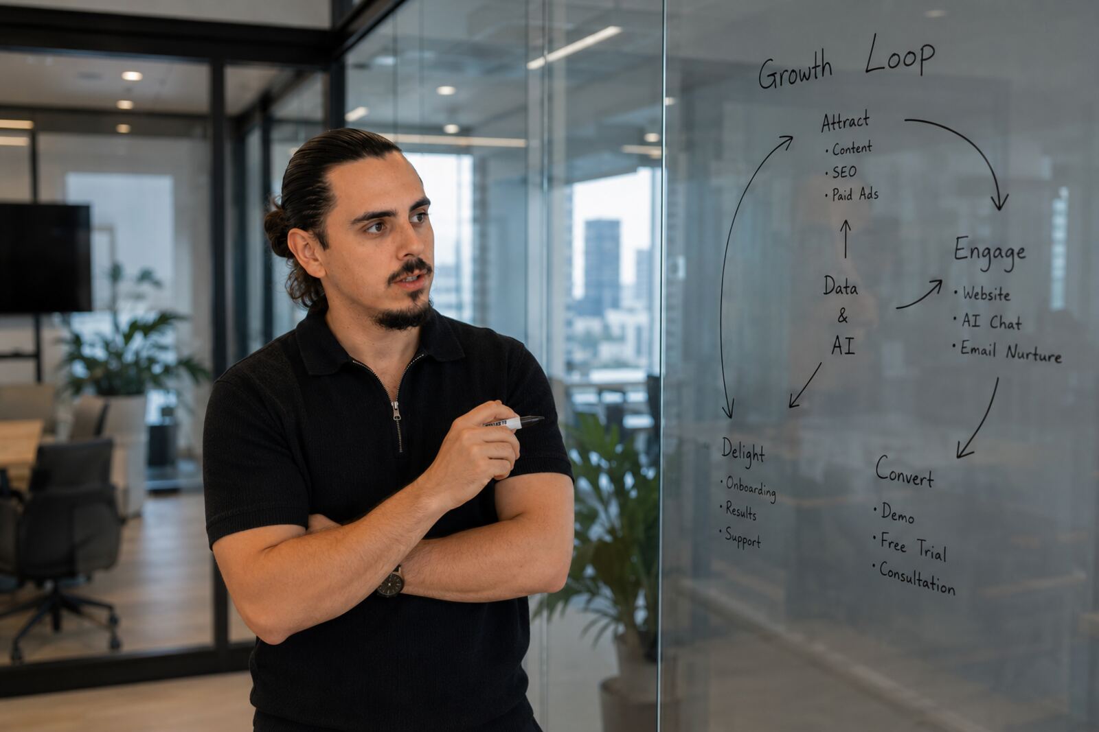Tomas Zajfert sketching a growth loop on a whiteboard